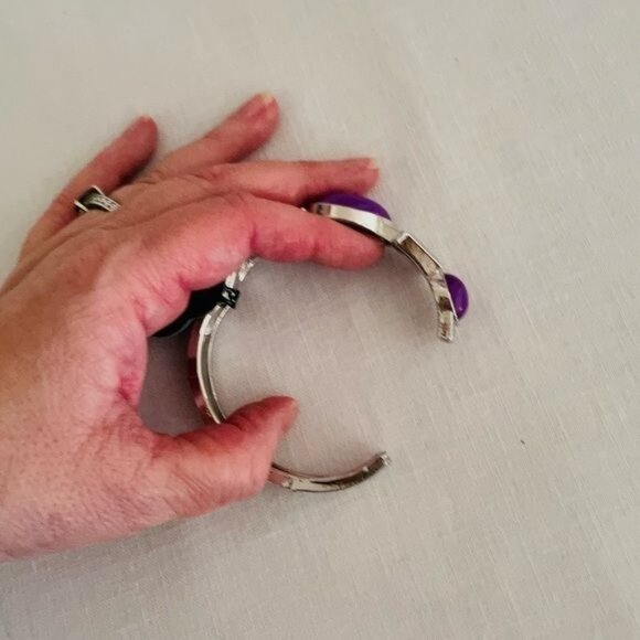 Silver Purple Hinged Cuff Bangle Bracelet Bold Oval Beads Antiqued Silvertone - Picture 5 of 6